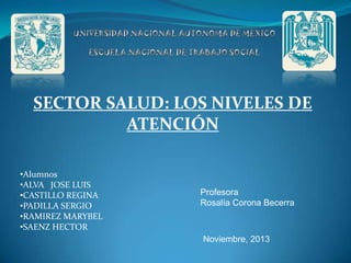 SECTOR SALUD: LOS NIVELES DE
ATENCIÓN
•Alumnos
•ALVA JOSE LUIS
•CASTILLO REGINA
•PADILLA SERGIO
•RAMIREZ MARYBEL
•SAENZ HECTOR

Profesora
Rosalía Corona Becerra

Noviembre, 2013

 