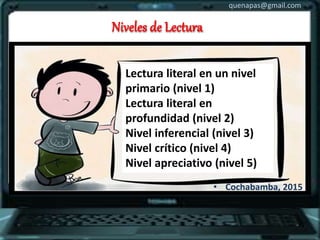 quenapas@gmail.com
• Cochabamba, 2015
Niveles de Lectura
Lectura literal en un nivel
primario (nivel 1)
Lectura literal en
profundidad (nivel 2)
Nivel inferencial (nivel 3)
Nivel crítico (nivel 4)
Nivel apreciativo (nivel 5)
 