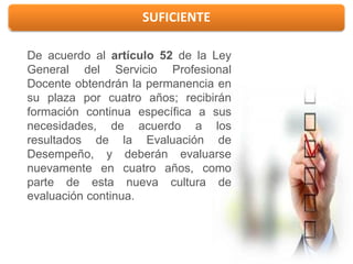 SUFICIENTE
De acuerdo al artículo 52 de la Ley
General del Servicio Profesional
Docente obtendrán la permanencia en
su plaza por cuatro años; recibirán
formación continua específica a sus
necesidades, de acuerdo a los
resultados de la Evaluación de
Desempeño, y deberán evaluarse
nuevamente en cuatro años, como
parte de esta nueva cultura de
evaluación continua.
 