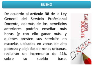 BUENO
De acuerdo al artículo 38 de la Ley
General del Servicio Profesional
Docente, además de los beneficios
anteriores podrán enseñar más
horas (y con ello ganar más, y
quienes presten sus servicios en
escuelas ubicadas en zonas de alta
pobreza y alejadas de zonas urbanas,
recibirán un incremento de 41%
sobre su sueldo base.
 