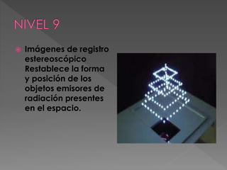 

Imágenes de registro
estereoscópico
Restablece la forma
y posición de los
objetos emisores de
radiación presentes
en el espacio.

 
