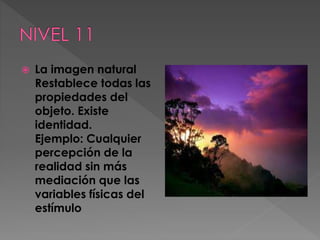 

La imagen natural
Restablece todas las
propiedades del
objeto. Existe
identidad.
Ejemplo: Cualquier
percepción de la
realidad sin más
mediación que las
variables físicas del
estímulo

 