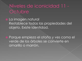 Niveles de iconicidad 11 - OctubreLa imagen naturalRestablece todas las propiedades del objeto. Existe identidad.Porque empieza el otoño y ves como el verde de los árboles se convierte en amarillo o marrón.