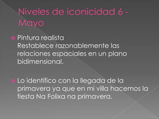 Niveles de iconicidad 6 - MayoPintura realistaRestablece razonablemente las relaciones espaciales en un plano bidimensional.Lo identifico con la llegada de la primavera ya que en mi villa hacemos la fiesta Na Folixana primavera.