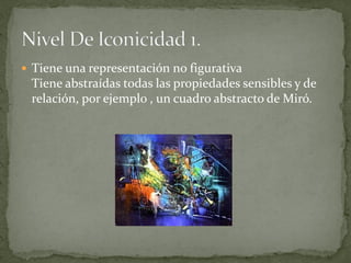  Tiene una representación no figurativa
 Tiene abstraídas todas las propiedades sensibles y de
 relación, por ejemplo , un cuadro abstracto de Miró.
 