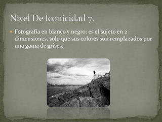  Fotografía en blanco y negro: es el sujeto en 2
  dimensiones, solo que sus colores son remplazados por
  una gama de grises.
 