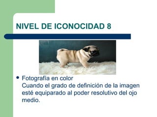 NIVEL DE ICONOCIDAD 8




 Fotografíaen color
  Cuando el grado de definición de la imagen
  esté equiparado al poder resolutivo del ojo
  medio.
 