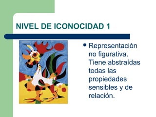 NIVEL DE ICONOCIDAD 1

               Representación
                no figurativa.
                Tiene abstraídas
                todas las
                propiedades
                sensibles y de
                relación.
 