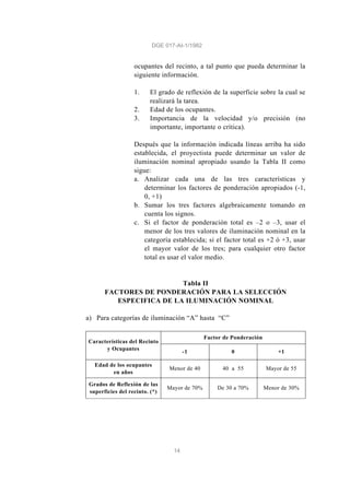 DGE 017-AI-1/1982
14
ocupantes del recinto, a tal punto que pueda determinar la
siguiente información.
1. El grado de reflexión de la superficie sobre la cual se
realizará la tarea.
2. Edad de los ocupantes.
3. Importancia de la velocidad y/o precisión (no
importante, importante o crítica).
Después que la información indicada líneas arriba ha sido
establecida, el proyectista puede determinar un valor de
iluminación nominal apropiado usando la Tabla II como
sigue:
a. Analizar cada una de las tres características y
determinar los factores de ponderación apropiados (-1,
0, +1)
b. Sumar los tres factores algebraicamente tomando en
cuenta los signos.
c. Si el factor de ponderación total es –2 o –3, usar el
menor de los tres valores de iluminación nominal en la
categoría establecida; si el factor total es +2 ó +3, usar
el mayor valor de los tres; para cualquier otro factor
total es usar el valor medio.
Tabla II
FACTORES DE PONDERACIÓN PARA LA SELECCIÓN
ESPECIFICA DE LA ILUMINACIÓN NOMINAL
a) Para categorías de iluminación “A” hasta “C”
Factor de Ponderación
Características del Recinto
y Ocupantes
-1 0 +1
Edad de los ocupantes
en años
Menor de 40 40 a 55 Mayor de 55
Grados de Reflexión de las
superficies del recinto. (*)
Mayor de 70% De 30 a 70% Menor de 30%
 