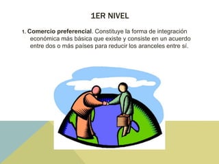 1ER NIVEL
1. Comercio preferencial. Constituye la forma de integración
económica más básica que existe y consiste en un acuerdo
entre dos o más países para reducir los aranceles entre sí.
 