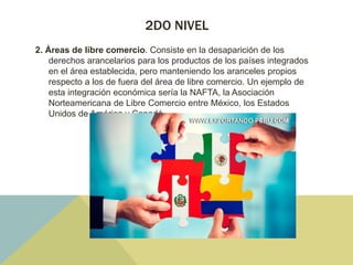 2DO NIVEL
2. Áreas de libre comercio. Consiste en la desaparición de los
derechos arancelarios para los productos de los países integrados
en el área establecida, pero manteniendo los aranceles propios
respecto a los de fuera del área de libre comercio. Un ejemplo de
esta integración económica sería la NAFTA, la Asociación
Norteamericana de Libre Comercio entre México, los Estados
Unidos de América y Canadá.
 