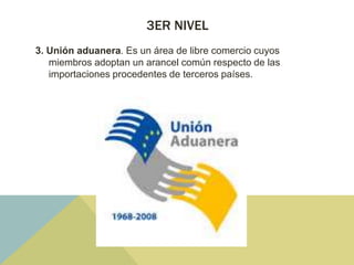 3ER NIVEL
3. Unión aduanera. Es un área de libre comercio cuyos
miembros adoptan un arancel común respecto de las
importaciones procedentes de terceros países.
 