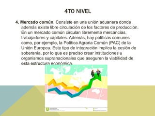 4TO NIVEL
4. Mercado común. Consiste en una unión aduanera donde
además existe libre circulación de los factores de producción.
En un mercado común circulan libremente mercancías,
trabajadores y capitales. Además, hay políticas comunes
como, por ejemplo, la Política Agraria Común (PAC) de la
Unión Europea. Este tipo de integración implica la cesión de
soberanía, por lo que es preciso crear instituciones u
organismos supranacionales que aseguren la viabilidad de
esta estructura económica.
 