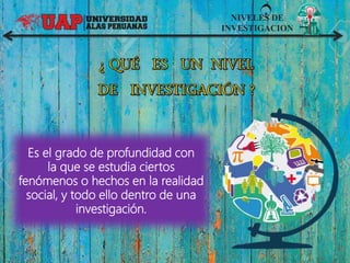 NIVELES DE
INVESTIGACION
Es el grado de profundidad con
la que se estudia ciertos
fenómenos o hechos en la realidad
social, y todo ello dentro de una
investigación.
 