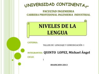 NIVELES DE LA
LENGUA
FACULTAD INGENIERIA
CARRERA PROFESIONAL INGENIERIA INDUSTRIAL
CATEDRA:
TALLER DE LENGUAJE Y COMUNICACIÓN I
INTEGRANTES: QUINTO LOPEZ, Michael Ángel
CICLO:
I
HUANCAYO-2013
 