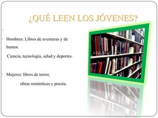  Los medios audiovisuales han desarrollado nuevas formas de aprendizaje.CONSECUENCIAS DE LA FALTA DE LECTURADefiniciones en ortografía y vocabularioPoca comprensión lectoraEn la actualidad a los jóvenes se les hace difícil leer porque tienen dificultad para captar ideas, relacionar situaciones, en fin, comprender el texto.
