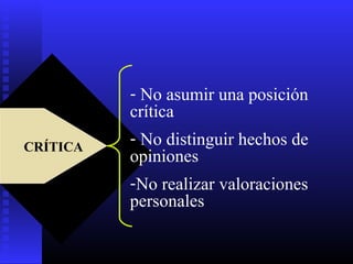 - No asumir una posición
          crítica
CRÍTICA
CRÍTICA
          - No distinguir hechos de
          opiniones
          -No realizar valoraciones
          personales
 