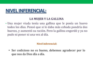NIVEL INFERENCIAL:
LA MUJER Y LA GALLINA
• Una mujer viuda tenía una gallina que le ponía un huevo
todos los días. Pensó que si le daba más cebada pondría dos
huevos, y aumentó su ración. Pero la gallina engordó y ya no
pudo ni poner ni una vez al día.
Nivel inferencial:
• Ser codicioso no es bueno, debemos agradecer por lo
que nos da Dios día a día.
 