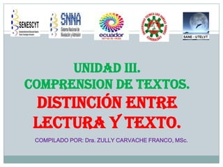 UNIDAD III.
COMPRENSION DE TEXTOS.

distinción entre
LECTURA y texto.
COMPILADO POR: Dra. ZULLY CARVACHE FRANCO, MSc.

 