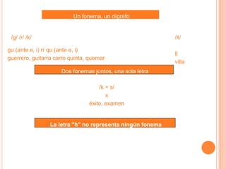 Un fonema, un dígrafo
/g/ /r/ /k/
gu (ante e, i) rr qu (ante e, i)
guerrero, guitarra carro quinta, quemar
/ʎ/
ll
villa
Dos fonemas juntos, una sola letra
/k + s/
x
éxito, examen
La letra "h" no representa ningún fonema
 
