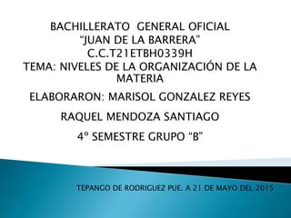 BACHILLERATO GENERAL OFICIAL
“JUAN DE LA BARRERA”
C.C.T21ETBH0339H
TEMA: NIVELES DE LA ORGANIZACIÓN DE LA
MATERIA
ELABORARON: MARISOL GONZALEZ REYES
RAQUEL MENDOZA SANTIAGO
4º SEMESTRE GRUPO “B”
TEPANGO DE RODRIGUEZ PUE. A 21 DE MAYO DEL 2015
 
