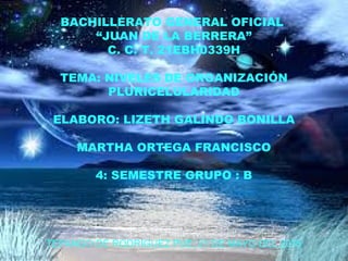 BACHILLERATO GENERAL OFICIAL
“JUAN DE LA BERRERA”
C. C. T. 21EBH0339H
TEMA: NIVELES DE ORGANIZACIÓN
PLURICELULARIDAD
ELABORO: LIZETH GALINDO BONILLA
MARTHA ORTEGA FRANCISCO
4: SEMESTRE GRUPO : B
TEPANGO DE RODRIGUEZ PUE; 21 DE MAYO DEL 2015
 