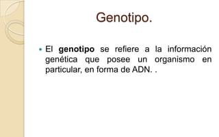 Genotipo.


El genotipo se refiere a la información
genética que posee un organismo en
particular, en forma de ADN. .

 