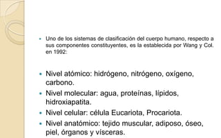 

Uno de los sistemas de clasificación del cuerpo humano, respecto a
sus componentes constituyentes, es la establecida por Wang y Col.
en 1992:

Nivel atómico: hidrógeno, nitrógeno, oxígeno,
carbono.
 Nivel molecular: agua, proteínas, lípidos,
hidroxiapatita.
 Nivel celular: célula Eucariota, Procariota.
 Nivel anatómico: tejido muscular, adiposo, óseo,
piel, órganos y vísceras.


 