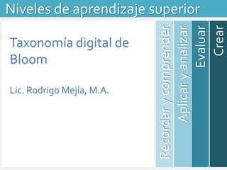 Niveles de aprendizaje superior
Crear
Evaluar
Aplicaryanalizar
Recordarycomprender
Taxonomía digital de
Bloom
Lic. Rodrigo Mejía, M.A.
 