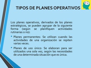 TIPOS DE PLANES OPERATIVOS
Los planes operativos, derivados de los planes
estratégicos, se pueden agrupar de la siguiente
forma (según se planifiquen actividades
rutinarias o no):
• Planes permanentes: Se utilizan cuando las
actividades de una organización se repiten
varias veces.
• Planes de uso único: Se elaboran para ser
utilizados una sola vez, según las necesidades
de una determinada situación que es única.
 