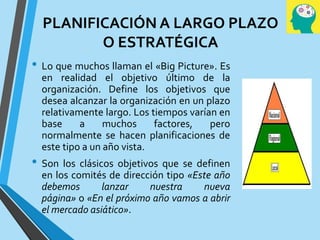 PLANIFICACIÓN A LARGO PLAZO
O ESTRATÉGICA
• Lo que muchos llaman el «Big Picture». Es
en realidad el objetivo último de la
organización. Define los objetivos que
desea alcanzar la organización en un plazo
relativamente largo. Los tiempos varían en
base a muchos factores, pero
normalmente se hacen planificaciones de
este tipo a un año vista.
• Son los clásicos objetivos que se definen
en los comités de dirección tipo «Este año
debemos lanzar nuestra nueva
página» o «En el próximo año vamos a abrir
el mercado asiático».
 
