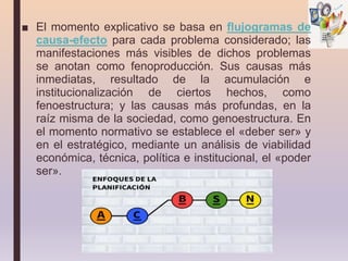 ■ El momento explicativo se basa en flujogramas de
causa-efecto para cada problema considerado; las
manifestaciones más visibles de dichos problemas
se anotan como fenoproducción. Sus causas más
inmediatas, resultado de la acumulación e
institucionalización de ciertos hechos, como
fenoestructura; y las causas más profundas, en la
raíz misma de la sociedad, como genoestructura. En
el momento normativo se establece el «deber ser» y
en el estratégico, mediante un análisis de viabilidad
económica, técnica, política e institucional, el «poder
ser».
 