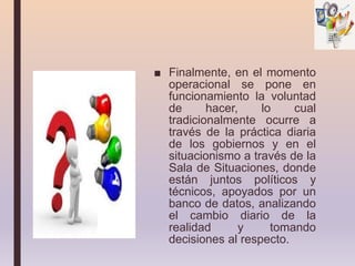 ■ Finalmente, en el momento
operacional se pone en
funcionamiento la voluntad
de hacer, lo cual
tradicionalmente ocurre a
través de la práctica diaria
de los gobiernos y en el
situacionismo a través de la
Sala de Situaciones, donde
están juntos políticos y
técnicos, apoyados por un
banco de datos, analizando
el cambio diario de la
realidad y tomando
decisiones al respecto.
 