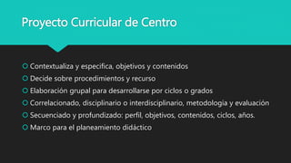 Proyecto Curricular de Centro
 Contextualiza y especifica, objetivos y contenidos
 Decide sobre procedimientos y recurso
 Elaboración grupal para desarrollarse por ciclos o grados
 Correlacionado, disciplinario o interdisciplinario, metodología y evaluación
 Secuenciado y profundizado: perfil, objetivos, contenidos, ciclos, años.
 Marco para el planeamiento didáctico
 