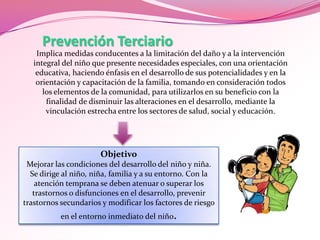 Prevención Terciario
Implica medidas conducentes a la limitación del daño y a la intervención
integral del niño que presente necesidades especiales, con una orientación
educativa, haciendo énfasis en el desarrollo de sus potencialidades y en la
orientación y capacitación de la familia, tomando en consideración todos
los elementos de la comunidad, para utilizarlos en su beneficio con la
finalidad de disminuir las alteraciones en el desarrollo, mediante la
vinculación estrecha entre los sectores de salud, social y educación.

Objetivo
Mejorar las condiciones del desarrollo del niño y niña.
Se dirige al niño, niña, familia y a su entorno. Con la
atención temprana se deben atenuar o superar los
trastornos o disfunciones en el desarrollo, prevenir
trastornos secundarios y modificar los factores de riesgo
en el entorno inmediato del niño.

 