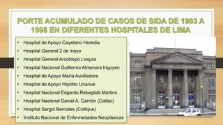 • Hospital de Apoyo Cayetano Heredia
• Hospital General 2 de mayo
• Hospital General Arzobispo Loayza
• Hospital Nacional Guillermo Almenara Irigoyen
• Hospital de Apoyo María Auxiliadora
• Hospital de Apoyo Hipólito Unanue
• Hospital Nacional Edgardo Rebagliati Martins
• Hospital Nacional Daniel A. Carrión (Callao)
• Hospital Sergio Bernales (Collique)
• Instituto Nacional de Enfermedades Neoplásicas
 