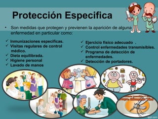 Protección Especifica
• Son medidas que protegen y previenen la aparición de alguna
enfermedad en particular como:
 Inmunizaciones especificas.
 Visitas regulares de control
médico.
 Dieta equilibrada.
 Higiene personal
 Lavado de manos
 Ejercicio físico adecuado .
 Control enfermedades transmisibles.
 Programa de detección de
enfermedades.
 Detección de portadores.
 