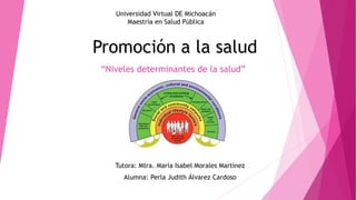 Promoción a la salud
Tutora: Mtra. María Isabel Morales Martínez
Alumna: Perla Judith Álvarez Cardoso
Universidad Virtual DE Michoacán
Maestría en Salud Pública
“Niveles determinantes de la salud”
 