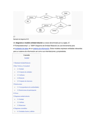 Ejemplo de diagrama E-R.

Un diagrama o modelo entidad-relación (a veces denominado por su siglas, E-
R "Entityrelationship", o, "DER" Diagrama de Entidad Relación) es una herramienta para
el modelado de datos de un sistema de información. Estos modelos expresan entidades relevantes
para un sistema de información así como sus interrelaciones y propiedades.

                  Contenido
                     [ocultar]


1 Modelado Entidad-Relación

2 Base Teórica y Conceptual

 o    2.1 Entidad

 o    2.2 Conjunto de entidades

 o    2.3 Atributos

 o    2.4 Relación

 o    2.5 Conjunto de relaciones

3 Restricciones

 o    3.1 Correspondencia de cardinalidades

 o    3.2 Restricciones de participación

4 Claves

5 Diagrama entidad-relación

 o    5.1 Entidad

 o    5.2 Atributo

 o    5.3 Relaciones

6 Diagramas extendidos

 o    6.1 Entidades fuertes y débiles
 