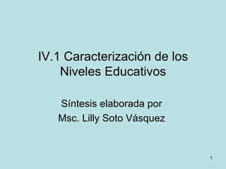 IV.1 Caracterización de los Niveles Educativos Síntesis elaborada por  Msc. Lilly Soto Vásquez  
