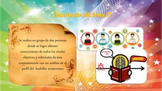 Se realizo en grupo de dos personas
donde se logro obtener
conocimiento de todos los niveles
objetivos y subniveles de área
conjuntamente con un análisis de el
perfil del bachiller ecuatoriano