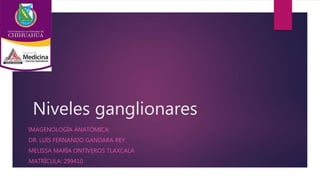 Niveles ganglionares
IMAGENOLOGÍA ANATÓMICA
DR. LUIS FERNANDO GANDARA REY
MELISSA MARÍA ONTIVEROS TLAXCALA
MATRÍCULA: 299410
 