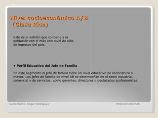 Nivel socioeconómico A/B  (Clase Rica) Sustentante: Edgar Rodríguez  MERCADOTECNIA Este es el estrato que contiene a la po...