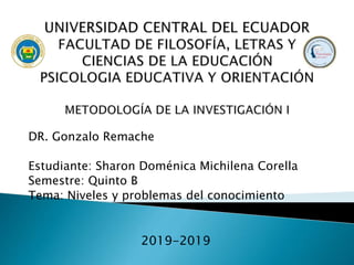 DR. Gonzalo Remache
Estudiante: Sharon Doménica Michilena Corella
Semestre: Quinto B
Tema: Niveles y problemas del conocimiento
2019-2019
 