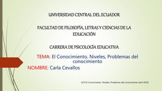 UNIVERSIDADCENTRALDEL ECUADOR
FACULTADDE FILOSOFÍA, LETRASY CIENCIAS DE LA
EDUCACIÓN
CARRERADE PSICOLOGÍA EDUCATIVA
TEMA: El Conocimiento. Niveles, Problemas del
conocimiento
NOMBRE: Carla Cevallos
UCE El Conocimiento. Niveles, Problemas del conocimiento abril 2019)
 