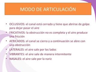 MODO DE ARTICULACIÓN 
• OCLUSIVOS: el canal está cerrado y tiene que abrirse de golpe 
para dejar pasar el aire 
• FRICATIVOS: la obstrucción no es completa y el aire produce 
una fricción 
• AFRICADOS: el canal se cierra y a continuación se abre con 
una obstrucción 
• LATERALES: el aire sale por los lados 
• VIBRANTES: el aire sale de manera intermitente 
• NASALES: el aire sale por la nariz 
 