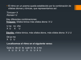  El ritmo en un poema queda establecido por la combinación de
  sílabas átonas y tónicas, que representamos así:
Tónicas= X
Átonas= U
Hay diferentes combinaciones:
Troqueo: Sílaba tónica más sílaba átona: X U
U na no che
X U X U
Dáctilo: sílaba tónica, más sílaba átona, más sílaba átona: X U U
Dé ja me
X U U
Localicemos el ritmo en el siguiente verso:
Quie ro de cir te cuán to te a mo
 X U U X U X U U X U
 