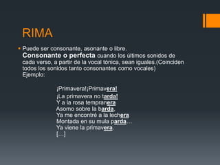 RIMA
 Puede ser consonante, asonante o libre.
  Consonante o perfecta cuando los últimos sonidos de
  cada verso, a partir de la vocal tónica, sean iguales.(Coinciden
  todos los sonidos tanto consonantes como vocales)
  Ejemplo:

               ¡Primavera!¡Primavera!
               ¡La primavera no tarda!
               Y a la rosa tempranera
               Asomo sobre la barda,
               Ya me encontré a la lechera
               Montada en su mula parda…
               Ya viene la primavera.
               […]
 