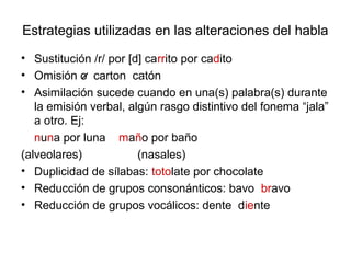 Estrategias utilizadas en las alteraciones del habla
• Sustitución /r/ por [d] carrito por cadito
• Omisión o carton catón
• Asimilación sucede cuando en una(s) palabra(s) durante
   la emisión verbal, algún rasgo distintivo del fonema “jala”
   a otro. Ej:
   nuna por luna maño por baño
(alveolares)            (nasales)
• Duplicidad de sílabas: totolate por chocolate
• Reducción de grupos consonánticos: bavo bravo
• Reducción de grupos vocálicos: dente diente
 