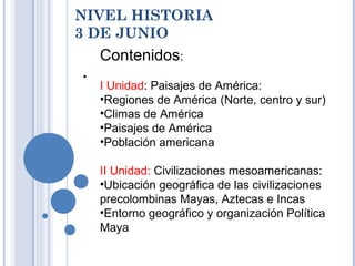 NIVEL HISTORIA
3 DE JUNIO
•
Contenidos:
I Unidad: Paisajes de América:
•Regiones de América (Norte, centro y sur)
•Climas de América
•Paisajes de América
•Población americana
II Unidad: Civilizaciones mesoamericanas:
•Ubicación geográfica de las civilizaciones
precolombinas Mayas, Aztecas e Incas
•Entorno geográfico y organización Política
Maya